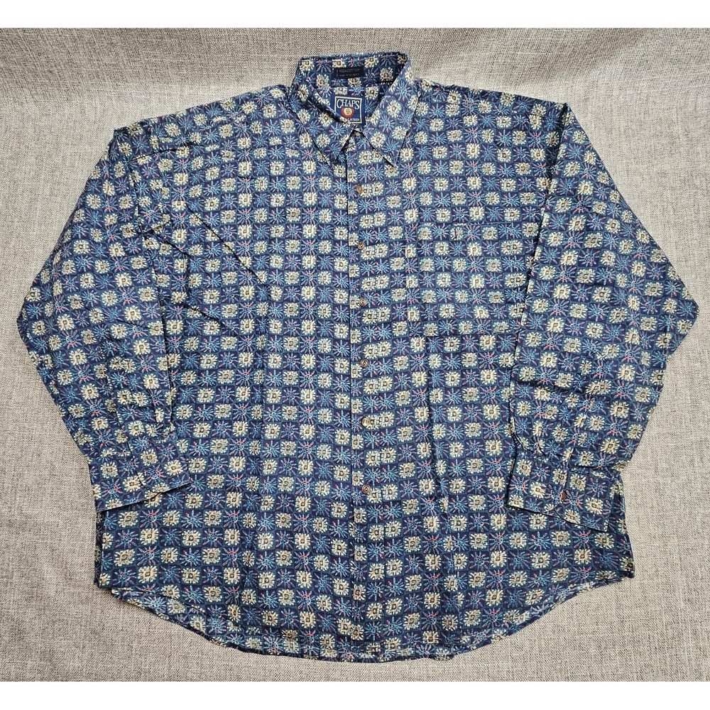 VTG Ralph Lauren Shirt Mens XL Blue Geometric Cotton Long Sleeve Button Chaps